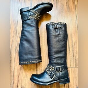 Frye Black Leather Combat Boots with Gold Studs